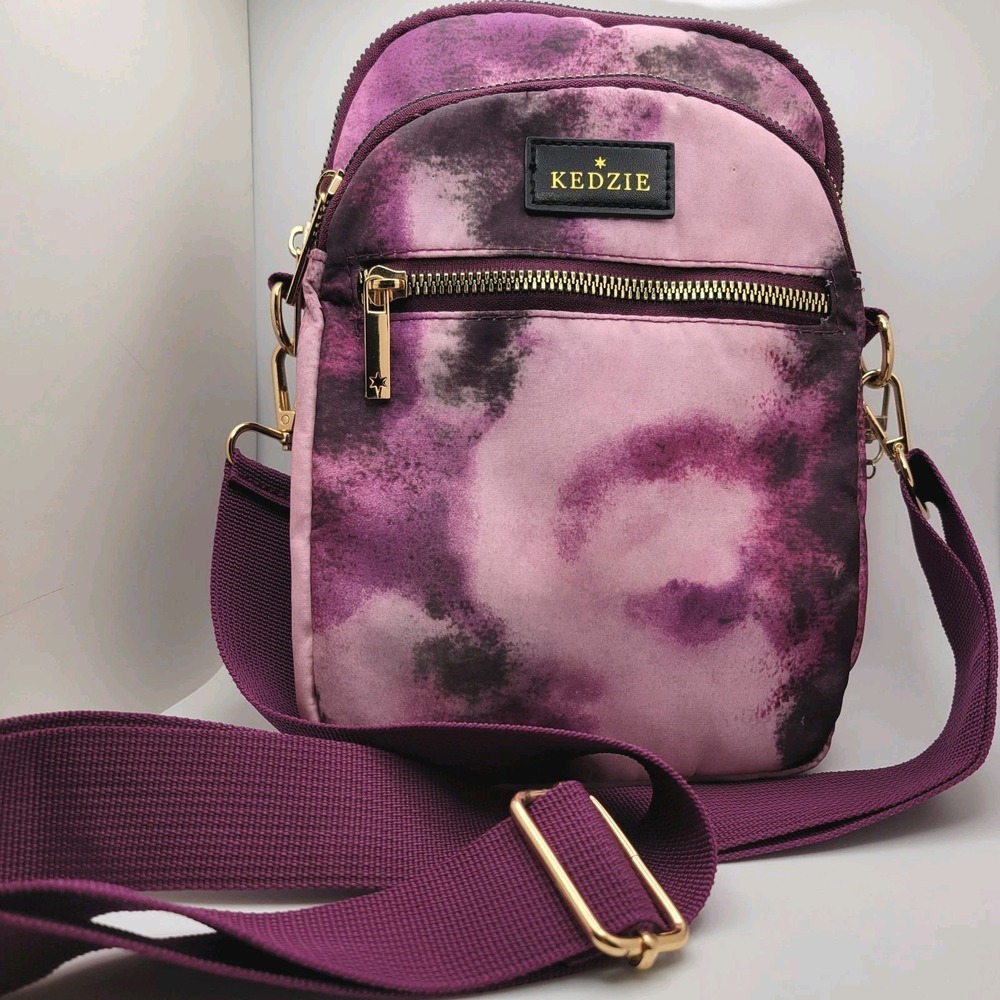 Kedzie Crossbody Phone Bag Purple Tie Dye Gold Hardware Adjustable Strap Boho